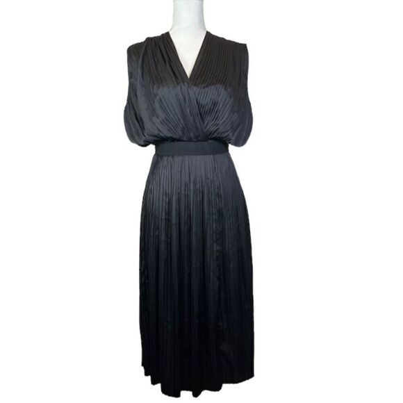 TOME Black Satin Cross Front Pleated Dress Elastic Stretch Waist Open Back Small - Picture 3 of 15